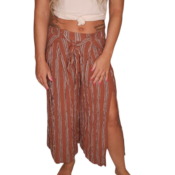 Orange Slit Leg Pants Womens Small Wide Leg Boho Striped Gypsy Festival Comfy - Picture 1 of 11